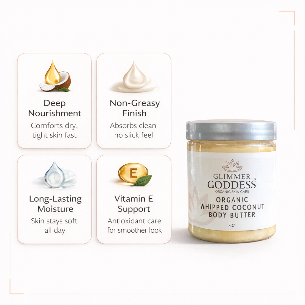 Organic whipped coconut and Vitamin E body butter from Glimmer Goddess® Organic Skin Care, creamy lotion with lemon and lavender scent.