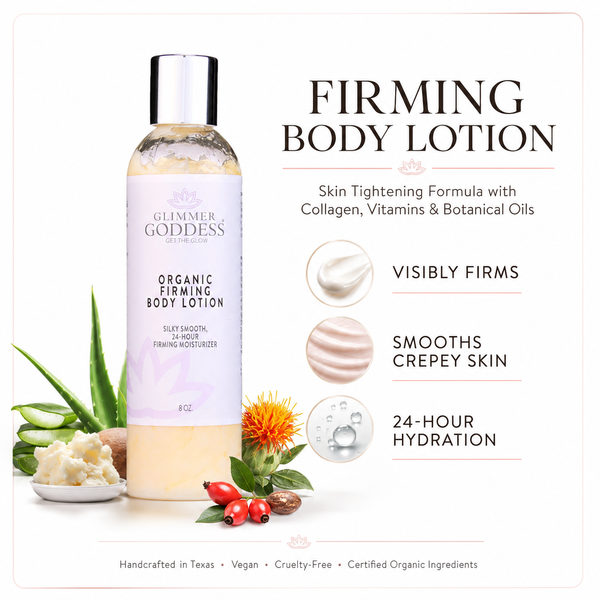 Glimmer Goddess organic firming body lotion with lightly scented, soft essential oils for skin tightening and smoothness.