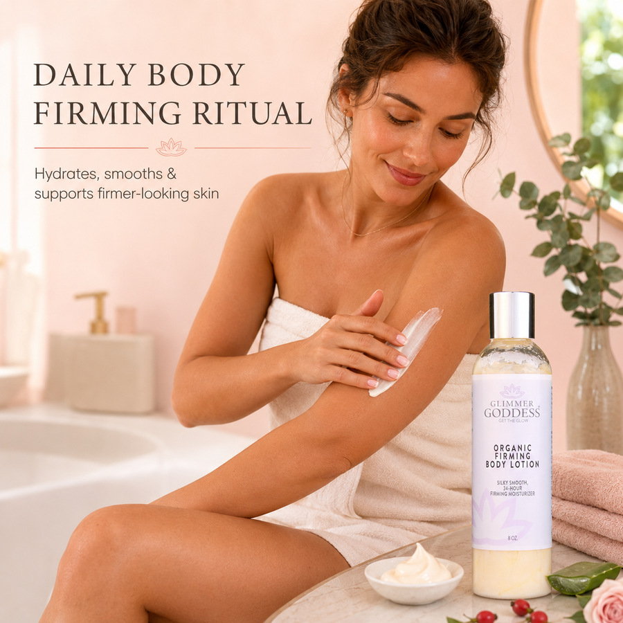 Glimmer Goddess Organic Firming Body Lotion with light scent, skin tightening formula, and soft essential oil aroma.