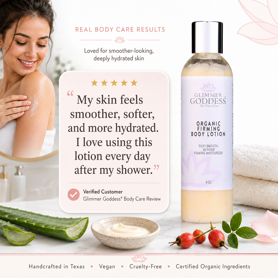 Glimmer Goddess Organic Firming Body Lotion with skin tightening formula, lightly scented, soft essential oil aroma, moisturizing cream