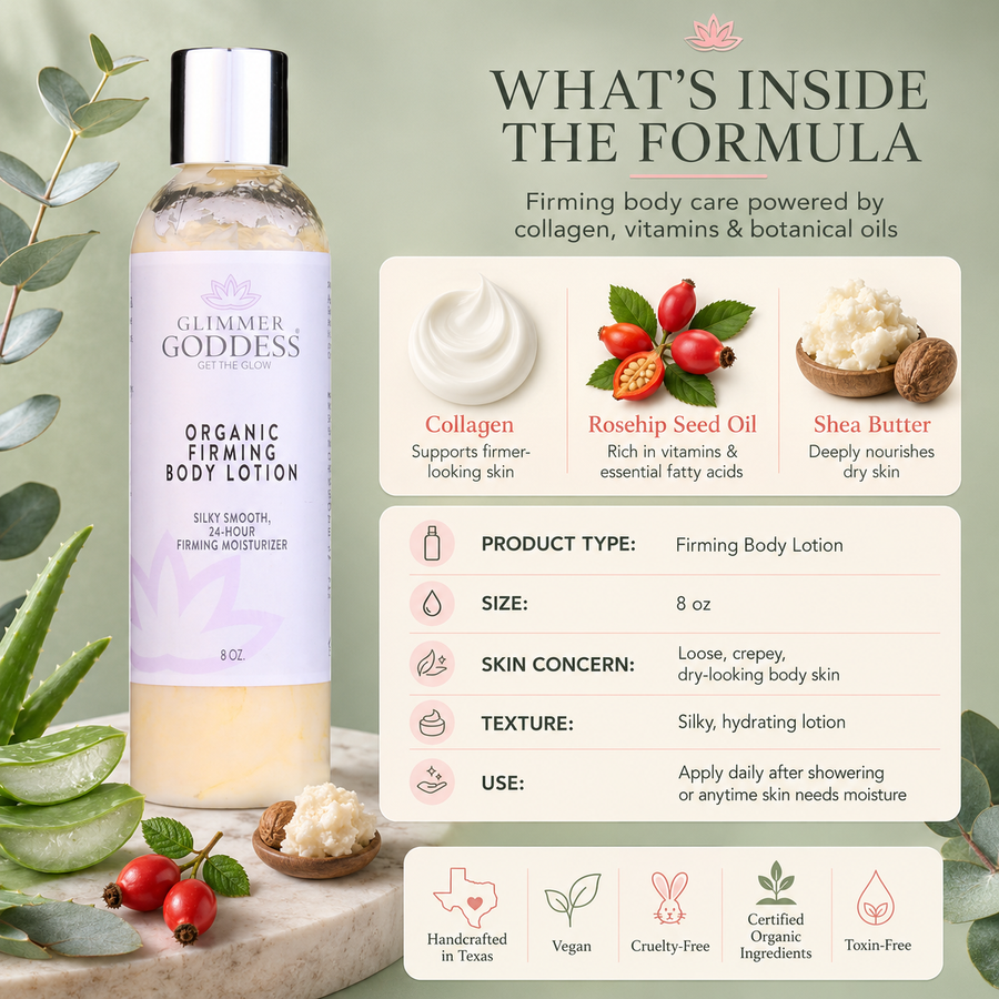 Glimmer Goddess Organic Firming Body Lotion with skin tightening formula, lightly scented, soft essential oil fragrance, moisturizing lotion