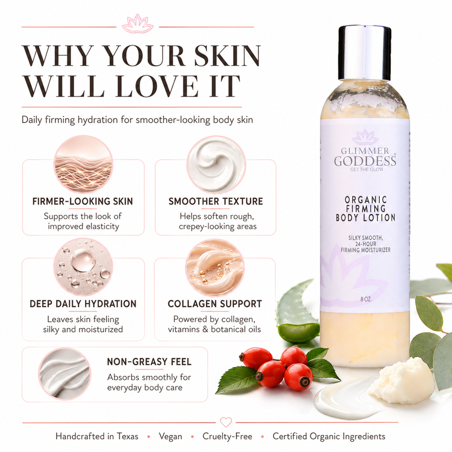 Glimmer Goddess Organic Firming Body Lotion with skin tightening formula, lightly scented with soft essential oils, for smooth skin.
