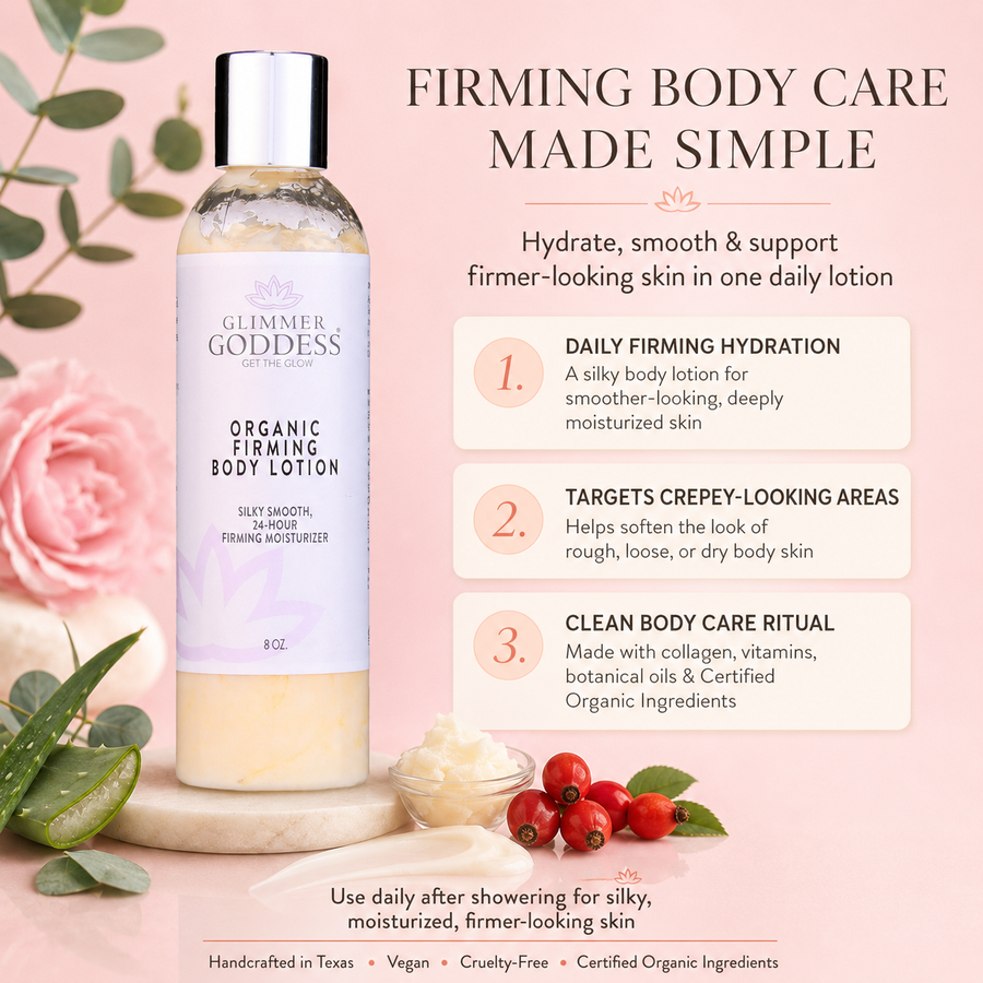 Glimmer Goddess Organic Firming Body Lotion with soothing essential oils, skin tightening formula, light scent, for smooth, toned skin.