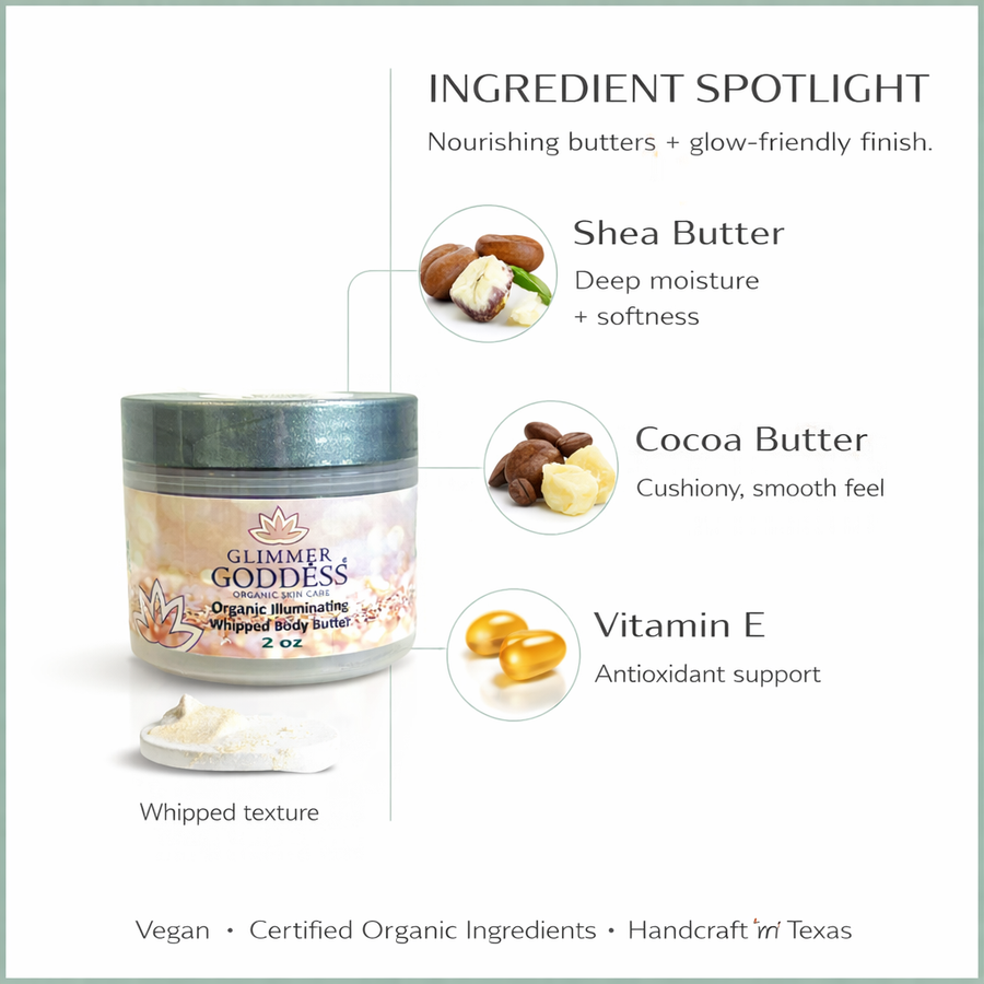 Organic Shimmer Body Butter by Glimmer Goddess® in 2 oz travel jar, moisturizing lotion with subtle shimmering finish.