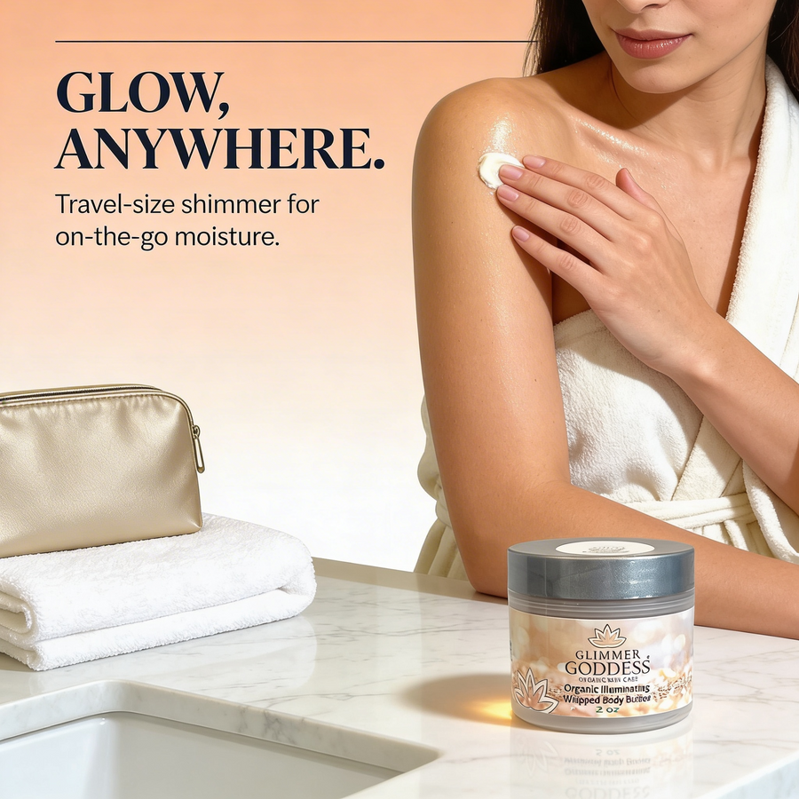 Organic Shimmer Body Butter by Glimmer Goddess® in 2 oz travel jar, showcasing a bronze-colored, moisturizing lotion with subtle shimmer.