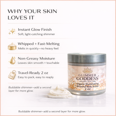 Glimmer Goddess Organic Shimmer Body Butter 2 oz jar, travel-sized lotion with subtle bronze shimmer, moisturizing and organic.