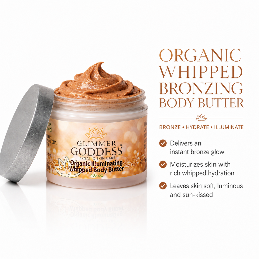 Organic Whipped Bronzing Body Butter by Glimmer Goddess® adds shimmering bronze glow to skin, moisturizing with a subtle bronze tint.