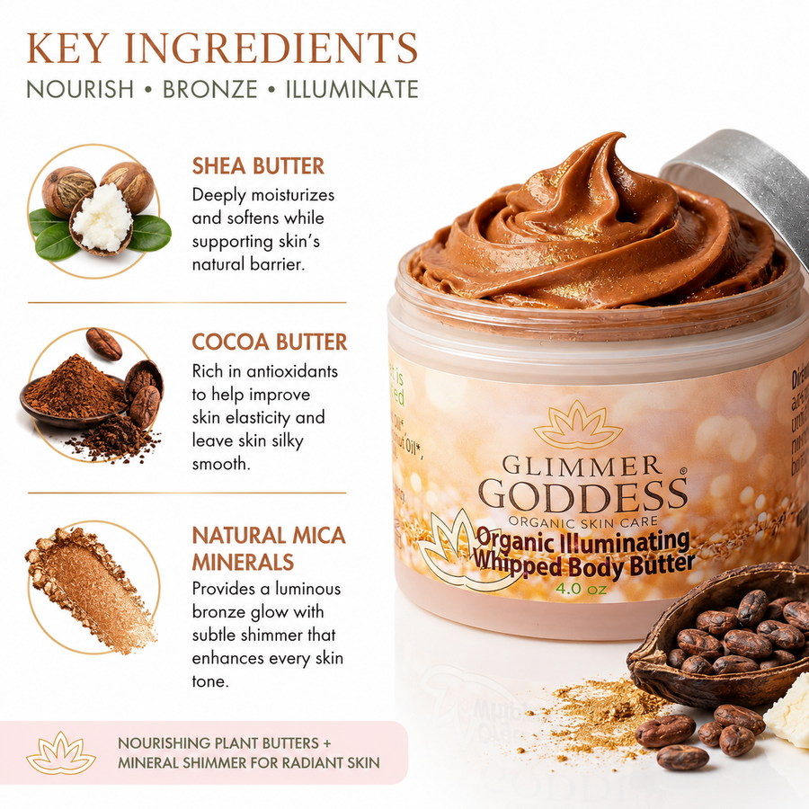 Organic Whipped Bronzing Body Butter from Glimmer Goddess® adds a shimmering glow to skin with natural bronze shimmer in a moisturizing lotion.