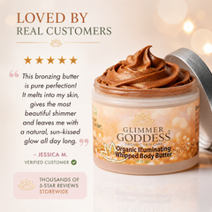 Organic Whipped Bronzing Body Butter by Glimmer Goddess® adds a shimmering bronze glow to the skin with a rich, moisturizing texture.