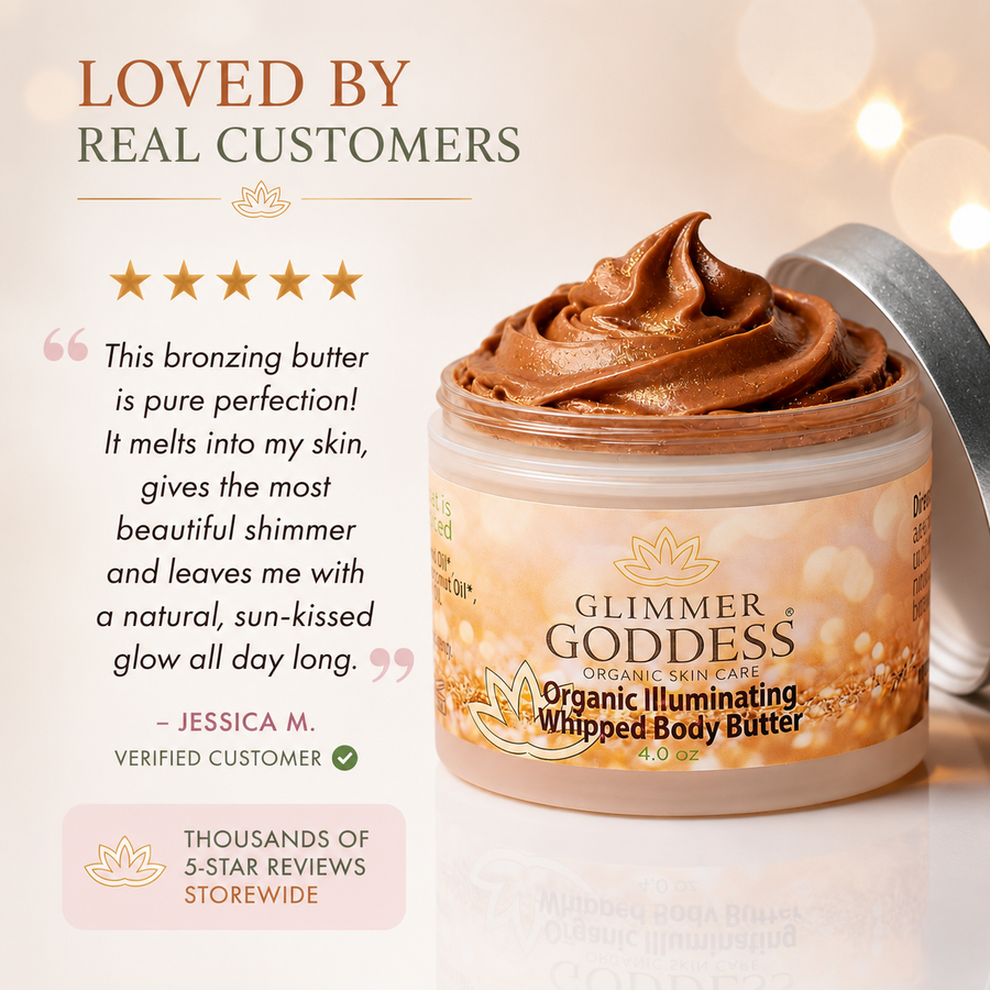 Organic Whipped Bronzing Body Butter by Glimmer Goddess® adds a shimmering bronze glow to the skin with a rich, moisturizing texture.