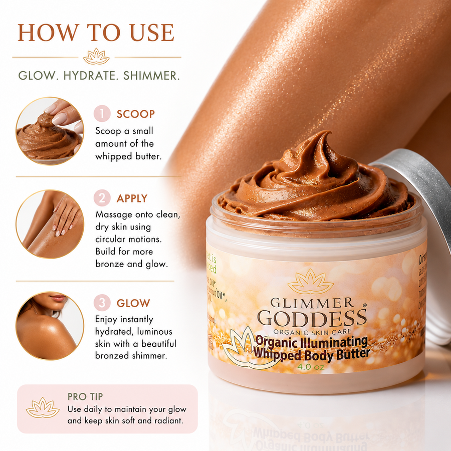 Organic Whipped Bronzing Body Butter by Glimmer Goddess® with shimmering finish and instant bronze glow, in 4 oz moisturizing lotion.