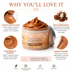 Organic Whipped Bronzing Body Butter by Glimmer Goddess® with shimmering finish, moisturizing lotion with instant bronze glow.