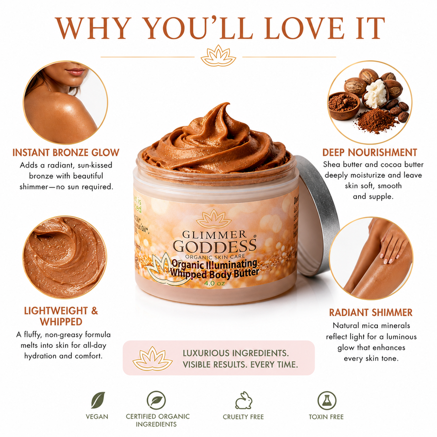 Organic Whipped Bronzing Body Butter by Glimmer Goddess® with shimmering finish, moisturizing lotion with instant bronze glow.