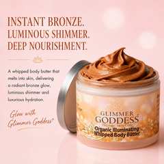 Organic whipped bronzing body butter by Glimmer Goddess, shimmering moisturizer with instant bronze glow, 4 oz.