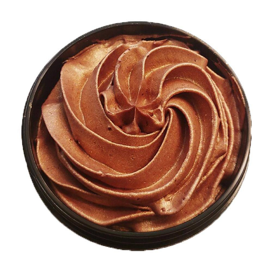 Organic whipped bronzing body butter by Glimmer Goddess® with shimmering moisturizer and instant bronze glow.