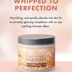 Organic whipped bronzing body butter by Glimmer Goddess® with shimmering finish and instant bronze glow for radiant skin.