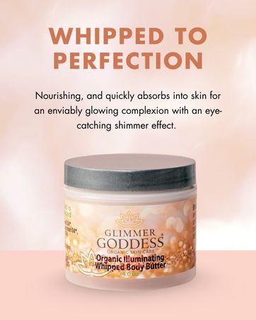Organic whipped bronzing body butter by Glimmer Goddess® with shimmering finish and instant bronze glow for radiant skin.