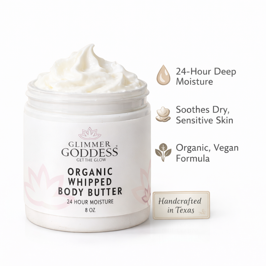 Glimmer Goddess Organic Skin Care whipped body butter in 8 oz jar, lavender and lemon scent, for extremely dry skin.