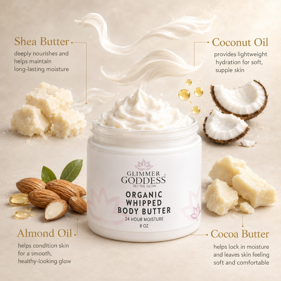 Organic whipped body butter by Glimmer Goddess® for extremely dry skin, shown in an 8 oz jar with lavender and lemon scent.