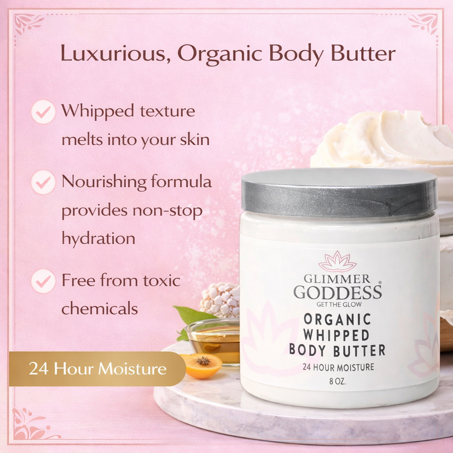 Glimmer Goddess Organic Whipped Body Butter for extremely dry skin in 8 oz. jar, lavender and lemon scent, moisturizing lotion.
