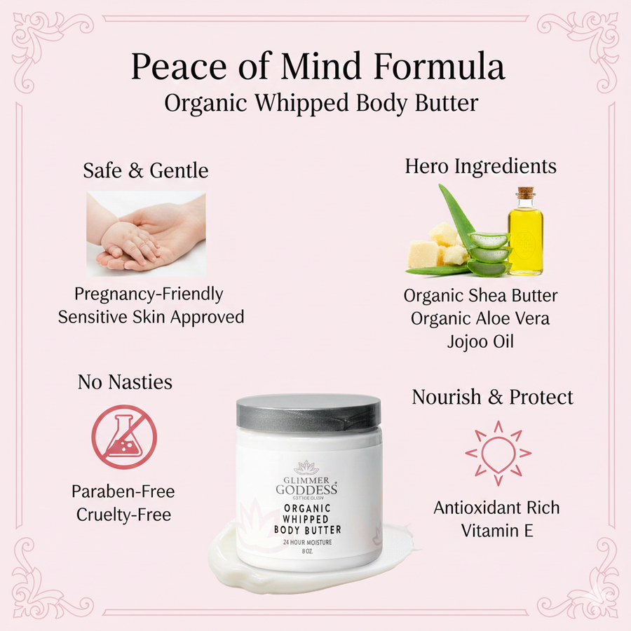 Glimmer Goddess Organic Whipped Body Butter in 8 oz, lavender and lemon scent, for extremely dry skin, shown in a jar.