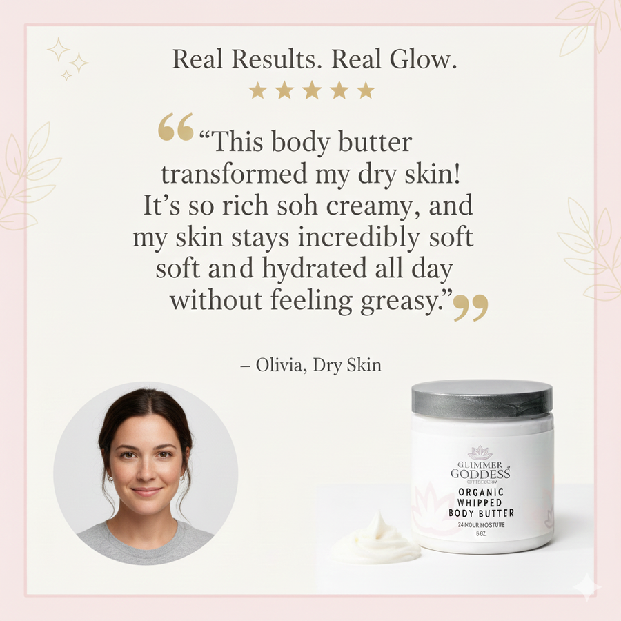 Glimmer Goddess Organic Whipped Body Butter for extremely dry skin in 8 oz. jar, lavender lemon scent, moisturizing lotion