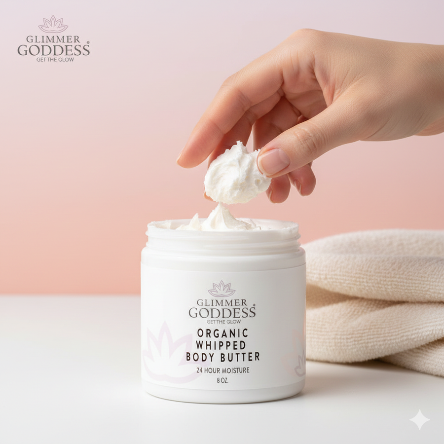 Glimmer Goddess Organic Skin Care whipped body butter in 8 oz, with lavender and lemon, for extremely dry skin.