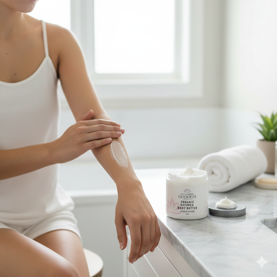 Glimmer Goddess Organic Whipped Body Butter in 8 oz, lavender and lemon scent, for extremely dry skin, in a white jar.