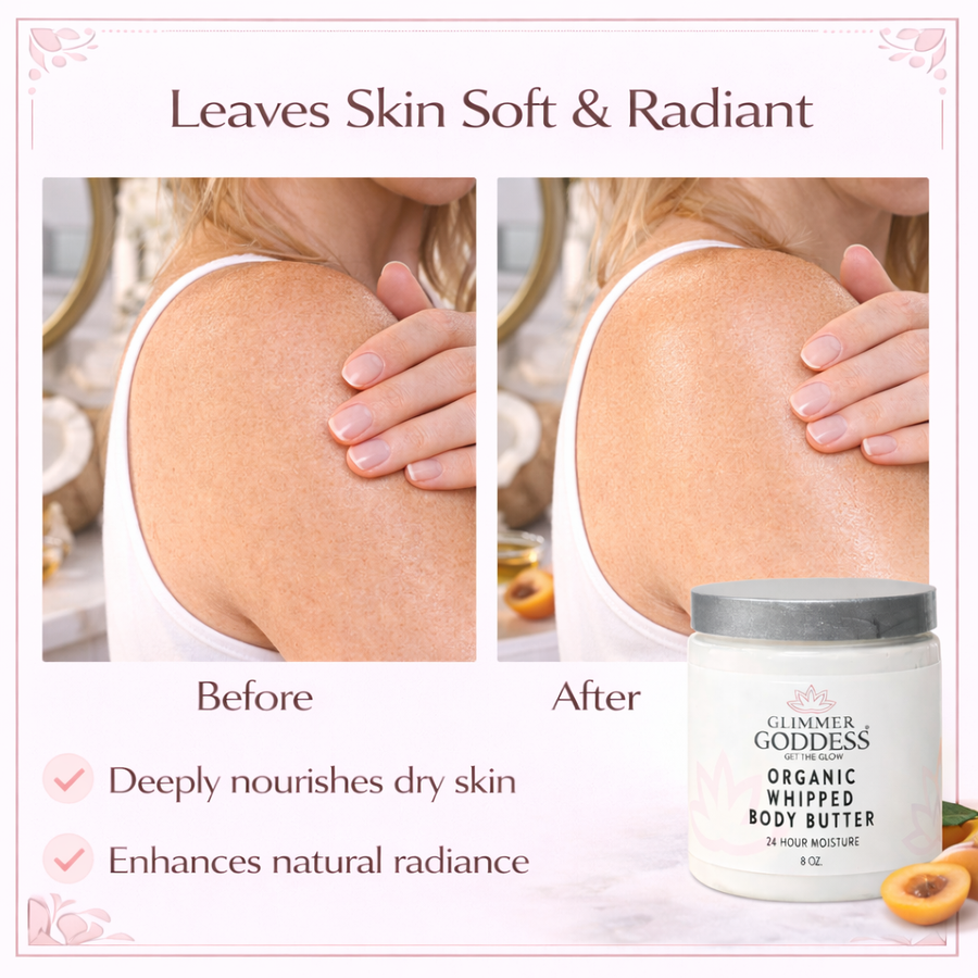 Organic whipped body butter by Glimmer Goddess® for extremely dry skin, in a 8 oz jar, with lavender and lemon scent.