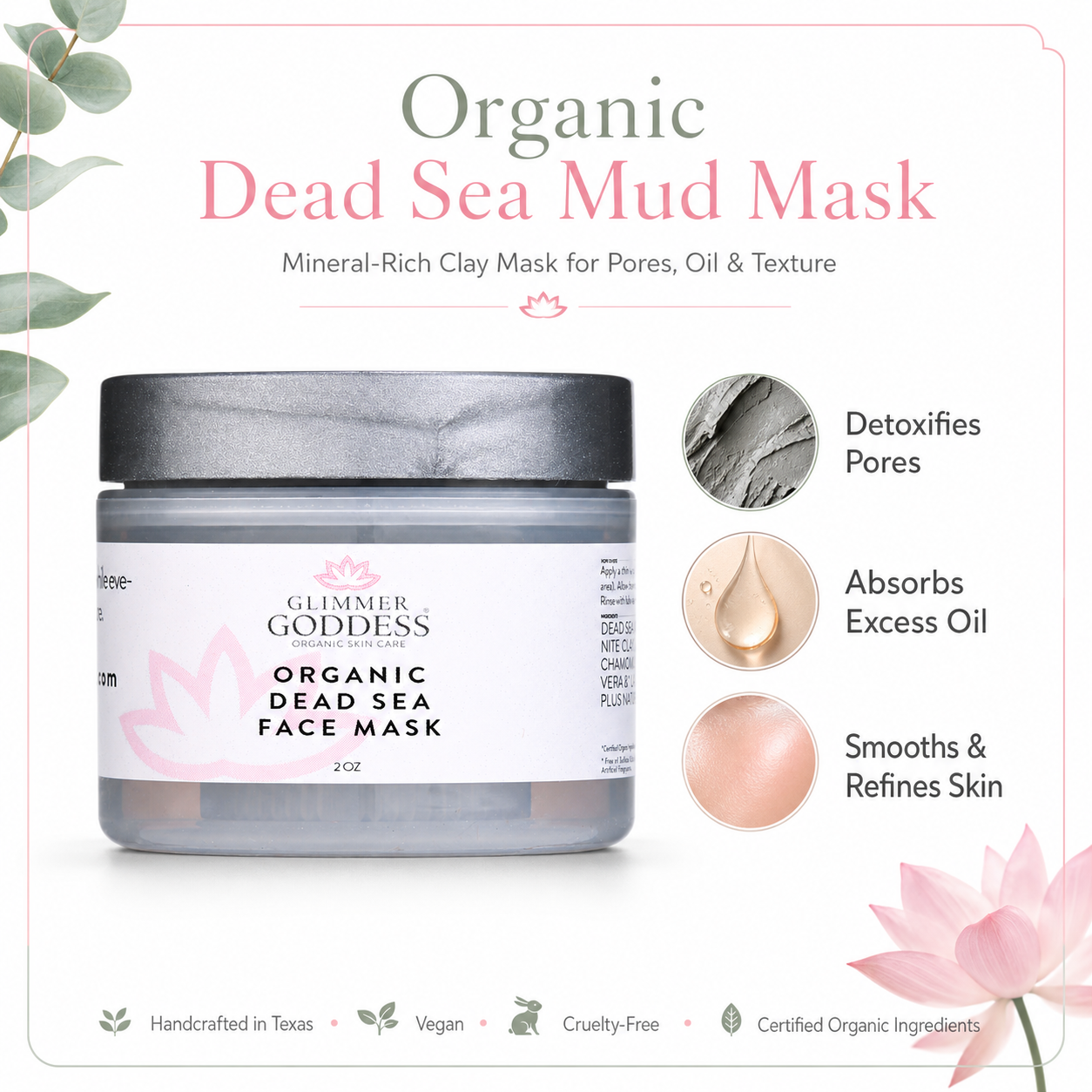 Organic Dead Sea Mud Mask by Glimmer Goddess® for exfoliating and rejuvenating skin, shown in 2 oz container.