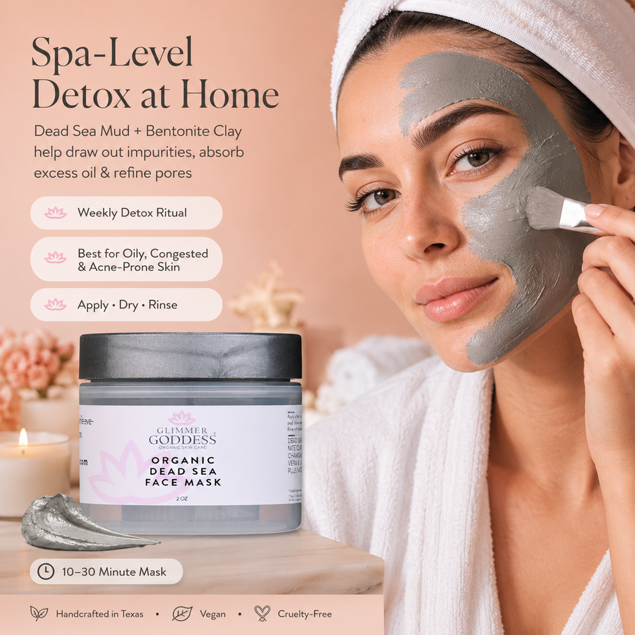 Glimmer Goddess Organic Dead Sea Mud Mask for exfoliating and rejuvenating skin, shown in a 2 oz jar with natural ingredient label.
