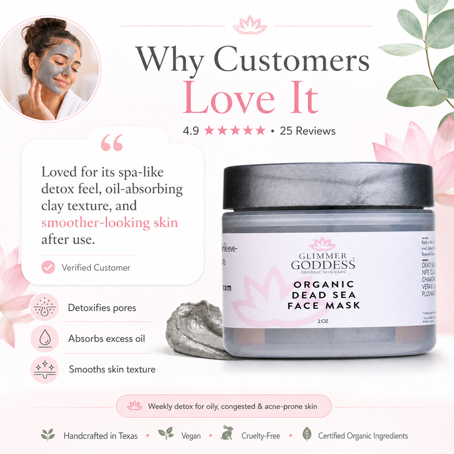 Glimmer Goddess Organic Dead Sea Mud Mask for exfoliating and rejuvenating skin, shown in a 2 oz jar with natural ingredients.