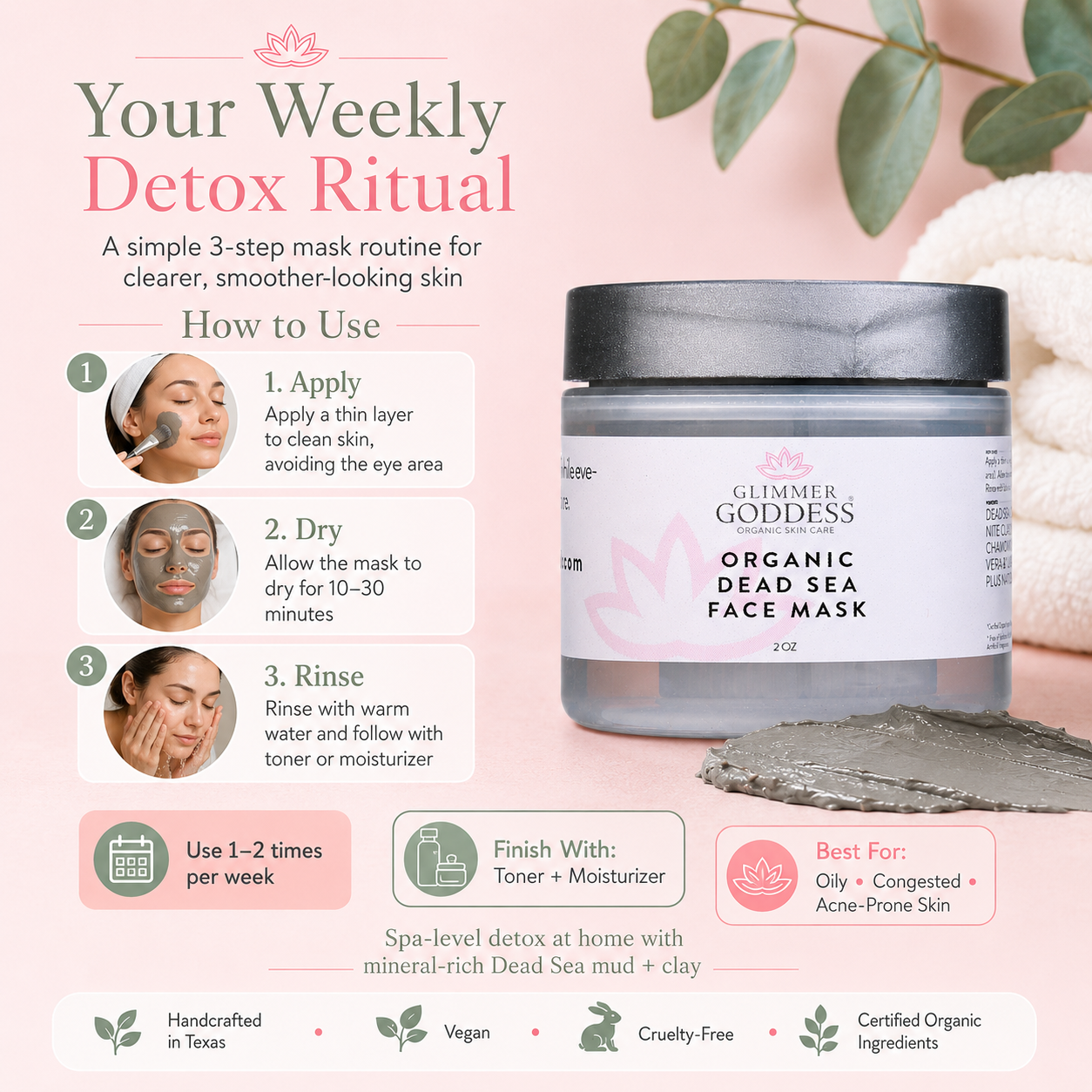 Glimmer Goddess Organic Dead Sea Mud Mask in a 2 oz jar, exfoliating and rejuvenating skincare treatment for healthy skin.