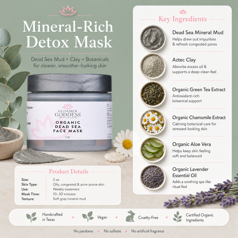 Glimmer Goddess Organic Dead Sea Mud Mask for exfoliating and rejuvenating skin, shown in a 2 oz jar with a smooth mud texture.