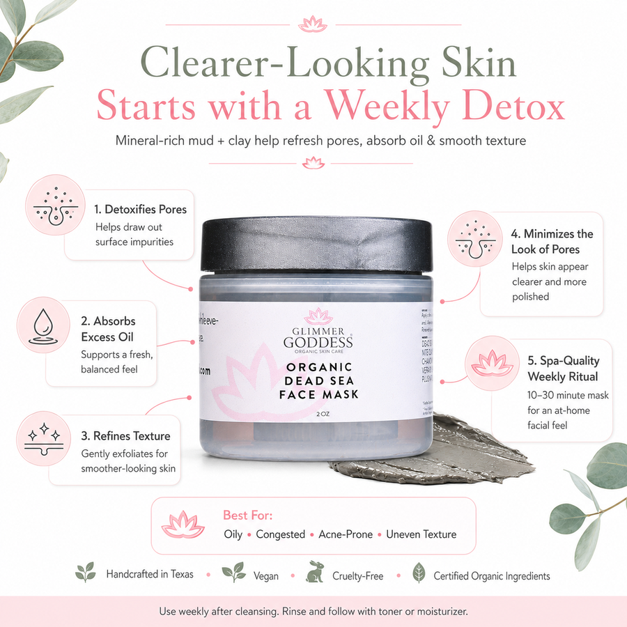 Glimmer Goddess Organic Dead Sea Mud Mask in a 2 oz jar, exfoliating and rejuvenating facial mask for healthy skin.