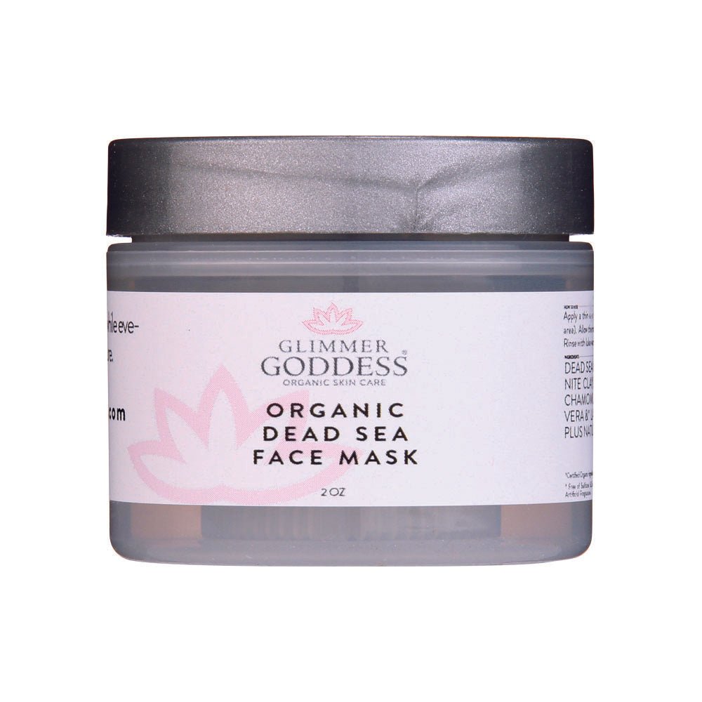 Glimmer Goddess Organic Dead Sea Mud Mask in a 2 oz jar, exfoliating and rejuvenating skincare mask with natural ingredients.