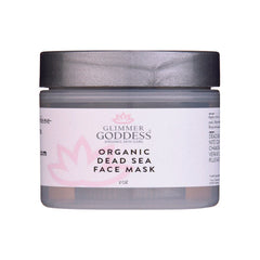 Glimmer Goddess Organic Dead Sea Mud Mask in a 2 oz jar, exfoliating and rejuvenating skincare mask with natural ingredients.