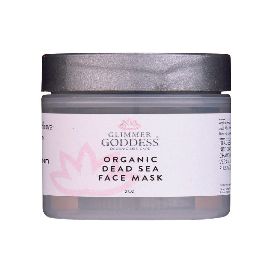 Glimmer Goddess Organic Dead Sea Mud Mask in a 2 oz jar, exfoliating and rejuvenating skincare mask with natural ingredients.