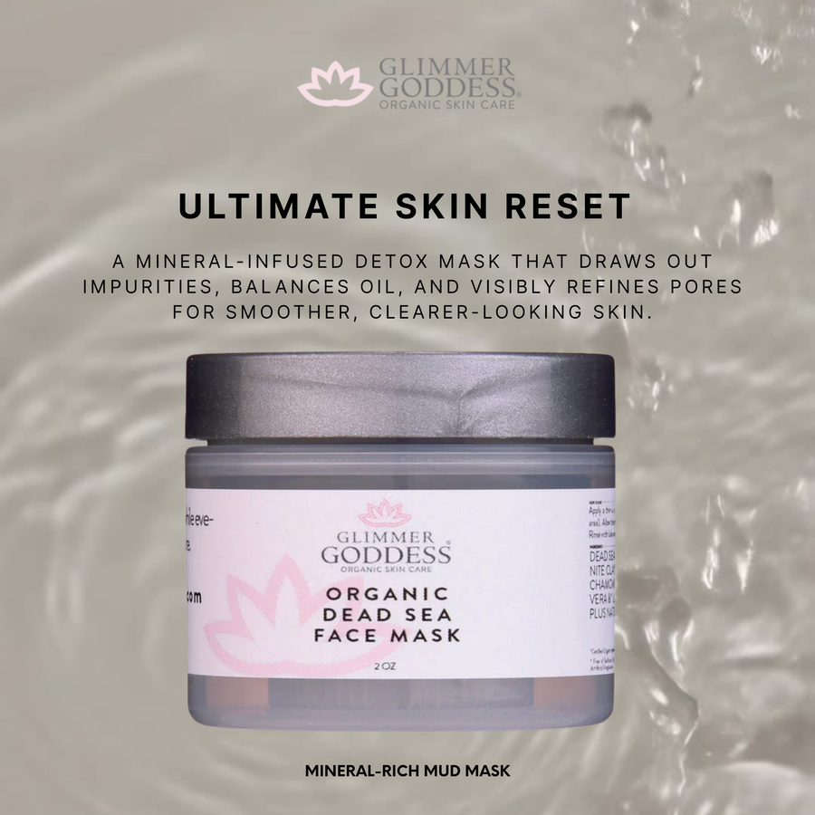 Glimmer Goddess Organic Dead Sea Mud Mask in a 2oz jar, exfoliating and rejuvenating skin with natural mineral-rich Dead Sea mud.