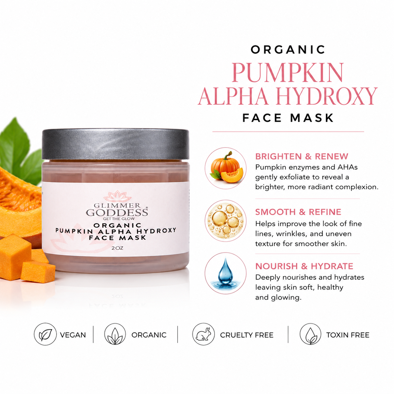 Glimmer Goddess Organic Pumpkin AHA Face Mask in a 2oz jar, exfoliating treatment for wrinkles and glowing skin.