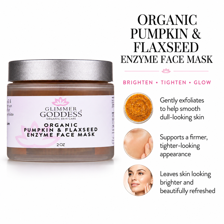 Organic Pumpkin Flaxseed Enzyme Face Mask by Glimmer Goddess, brightening and tightening mask for glowing, smooth skin.