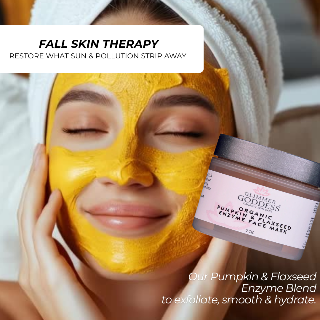 Organic Pumpkin Flaxseed Enzyme Face Mask by Glimmer Goddess® for brightening and tightening glowing skin.