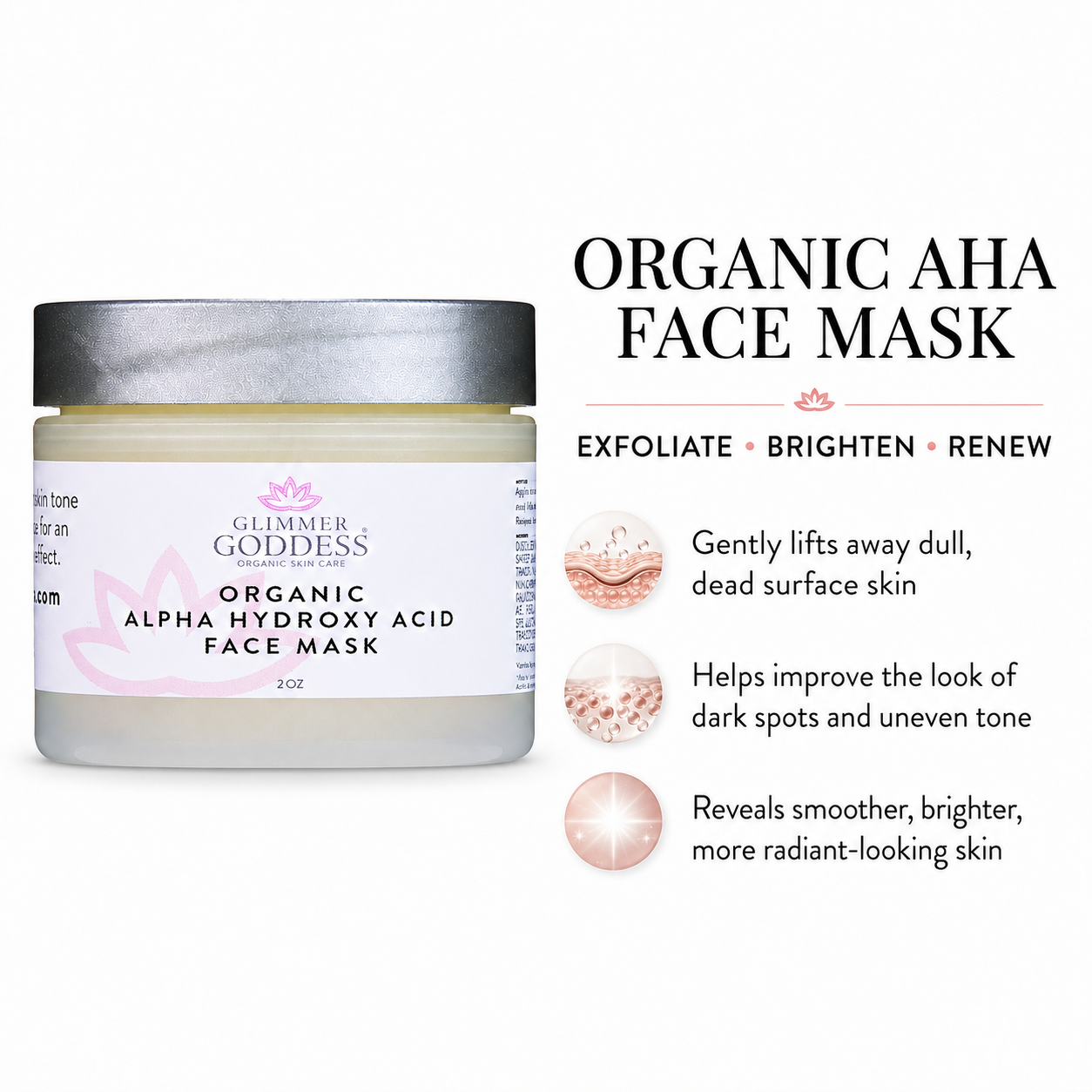 Glimmer Goddess Organic AHA Face Mask for renewing exfoliation and glowing skin in a natural skincare treatment container