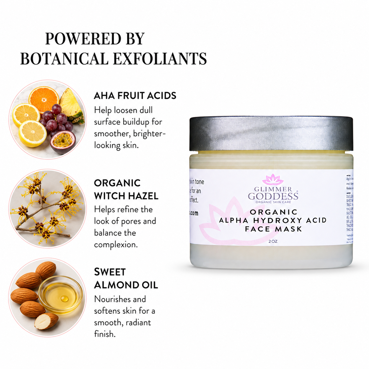 Glimmer Goddess Organic AHA Face Mask for exfoliation and glowing skin, in a clear jar with a creamy mask inside.