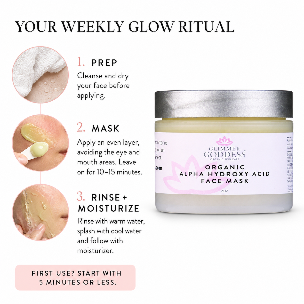 Glimmer Goddess Organic AHA Face Mask for exfoliation and skin renewal, showing the mask applied on a glowing face.