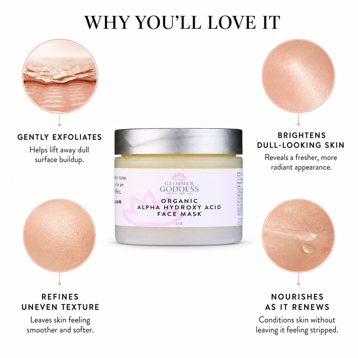 Organic AHA Face Mask by Glimmer Goddess® for renewing exfoliation and radiant skin in a nourishing mask jar.