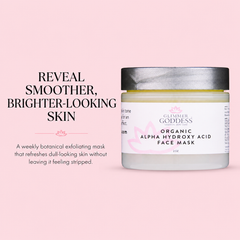 Organic AHA Face Mask by Glimmer Goddess® Organic Skin Care, showing the renewing exfoliation treatment in a jar with natural ingredients.