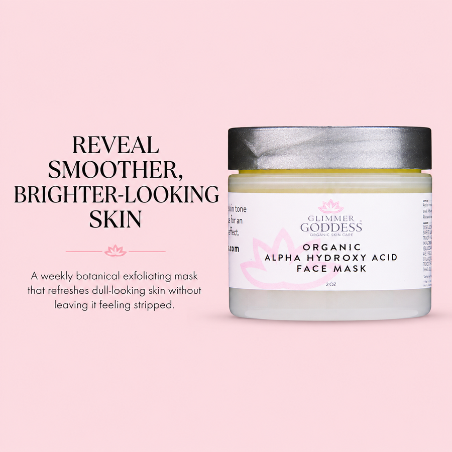 Organic AHA Face Mask by Glimmer Goddess® Organic Skin Care, showing the renewing exfoliation treatment in a jar with natural ingredients.