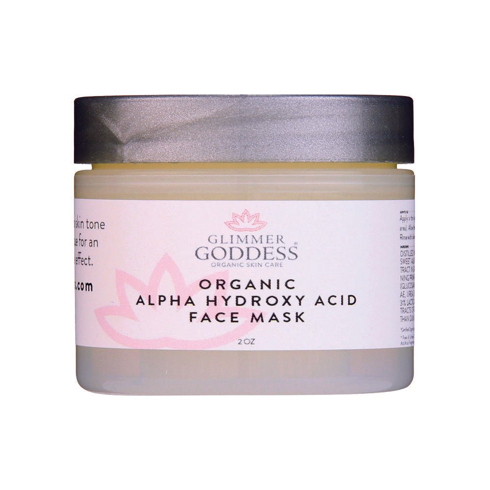 Glimmer Goddess Organic AHA Face Mask for exfoliation and glowing skin, in a jar with a smooth, creamy texture.