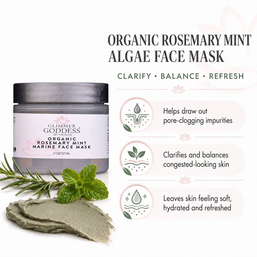 Organic Rosemary Mint Algae Face Mask by Glimmer Goddess® for acne and rosacea, showing the mask's green and minty texture.